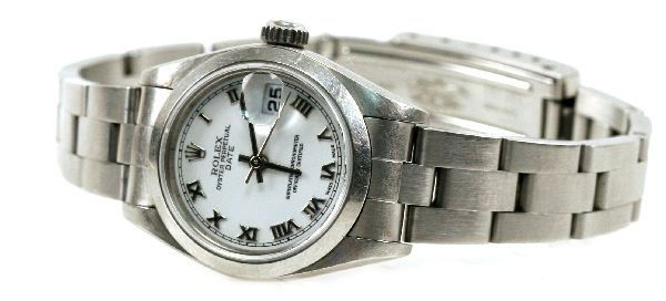 LADIES ROLEX OYSTER PERPETUAL DATE WATCH: Lovely ladies Rolex "Oyster Perpetual" Date watch. Automatic winding movement. Stainless Steel case and bracelet. White dial. Roman numeral numbers with silver toned hour markers. Sapphire crystal. Ru