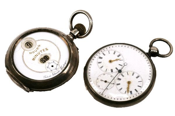COIN SILVER POCKET WATCH LOT OF 2 TIME ZONE: 2 inch ship captain's time zone watch along with 2 inch Patent Automatic Timekeeper missing hands and glass.