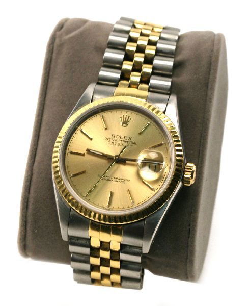 MENS ROLEX DATEJUST WATCH: Men's Rolex Datejust, Automatic movement, date feature with Cyclops lens. Sapphire Crystal. Gold/SS Jubilee bracelet. Gold fluted bezel, champagne dial with gold baton markers. Flip-lock clasp. Runnin