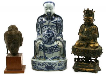 3 ANTIQUE ASIAN DIETIES IN CERAMIC AND BRONZE: Group of 3 Asian deities to include a nice bronze standing 12 inches, an ancient Buddha ceramic dug artifact, lastly a probable Confucius ceramic blue and white, heavy, standing 13 inches. Very good c