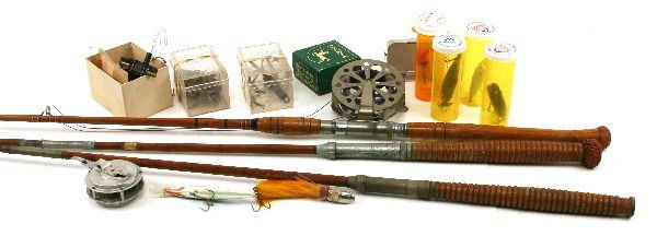 FISHING LURE ROD & REEL LOT RAPALA PFLUEGER: A good lot of vintage fishing gear to include: 3 rods, 68 inch, 72 inch and an 85 inch. All cane construction and unnamed. Reels: a Martin No3, a Pflueger Captain, a Shakespeare number 1794, a Langley