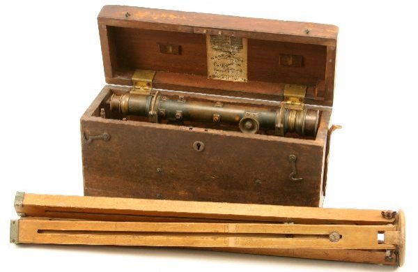 GURLEY LIGHT MTN TRANSIT LEVEL & TRIPOD CA1900: Gurley Light Mountain transit, level, and tripod. Each in original box, smooth operating with bubble still in glass, circa 1900 VG+ condition.