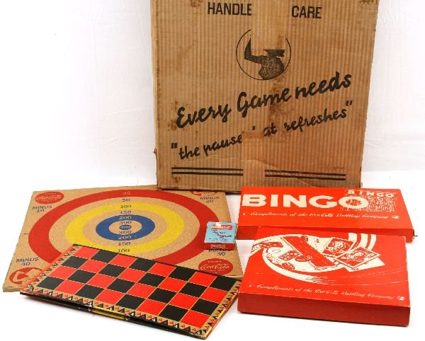 COCA COLA COMPLETE GI GAMING SET: Complete set of the Coca-Cola sponsored game sets sent to the troops and USO outpost. This set is complete down to the Milton Bradley Box that they were sent in. Minimal play wear, most games included