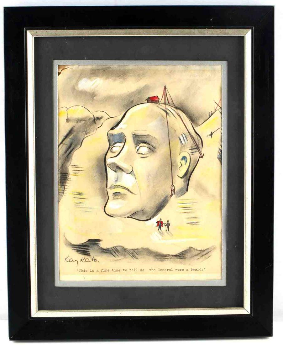 KAY KATO SIGNED VINTAGE ILLUSTRATION COMIC ART: Kay Kato (Hungarian) illustrator comic artist began drawing anti Axis cartoons for national magazines during WWII, she joined the American Society of Magazine Cartoonists, and was the Boston represent