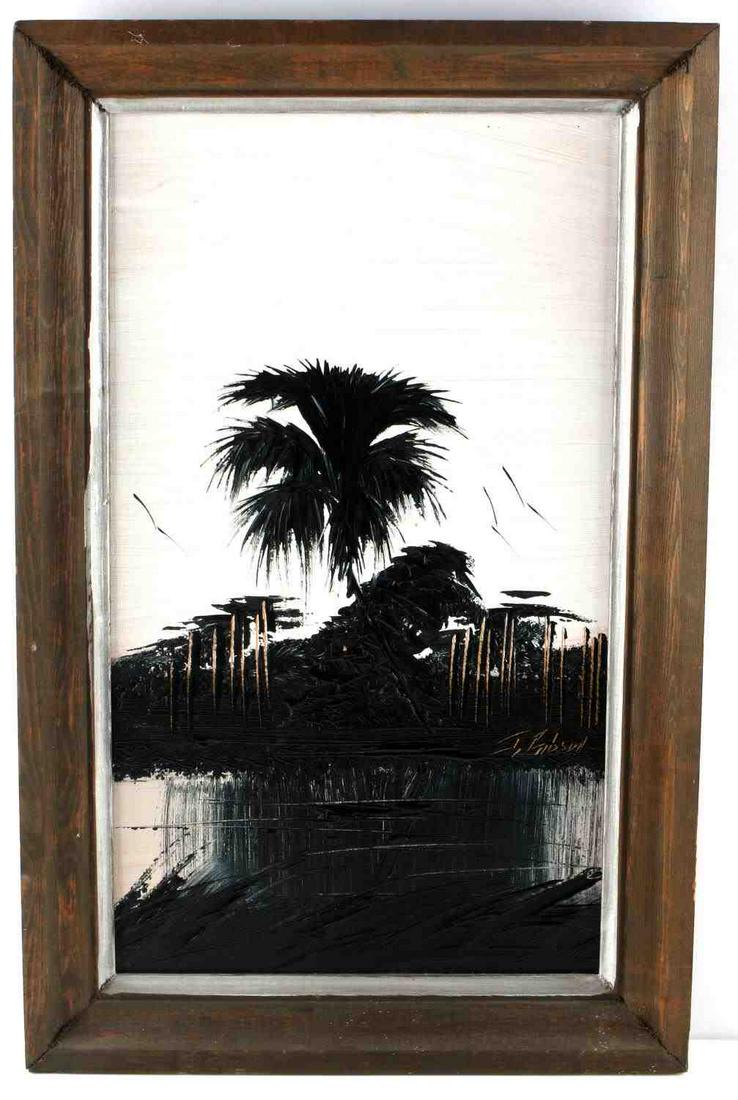 JAMES GIBSON HIGHWAYMEN PAINTING W GALLERY STAMP: Original Highwaymen painting by the late James Gibson. Monochromatic with classic Palm tree motif in a thick palette knife texture. Reverse stamped with Gibson gallery address and phone number minus a