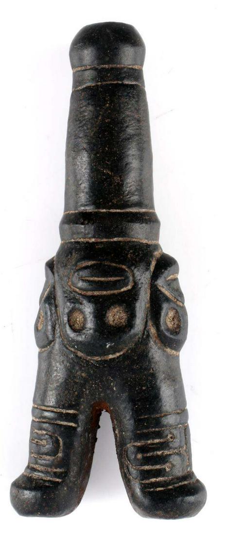 TAINO CULTURE INHALER COHOBA SNUFFING DEVICE: Circa 1000AD - 1500AD. Four faces likely depicting the twin pairs of brothers from the Taino creation myth. Symbolic bands surround each snuffing port. Made of magnetite with positive field. Measures 