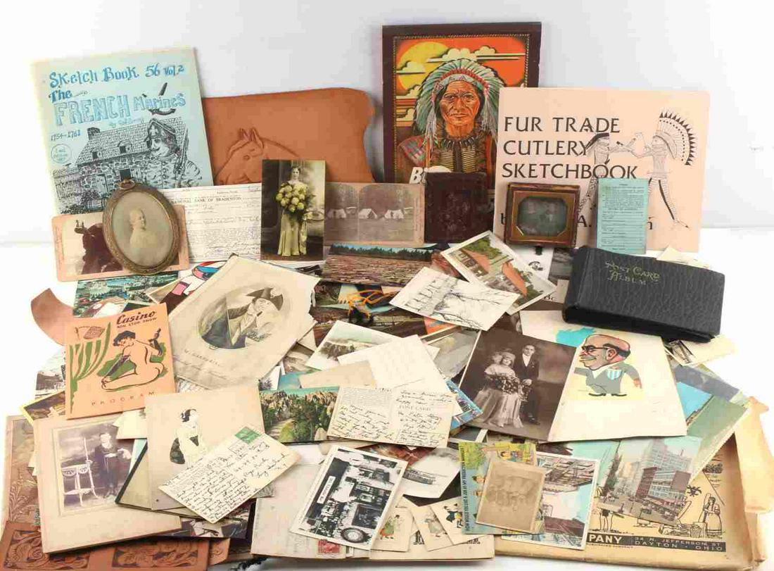 MASSIVE ANTIQUE POSTCARD PHOTOGRAPH EPHEMERA LOT: Earliest photo is a Daguerreotype but also CDV's a few Cabinet cards, lots of unsearched postcards, early Indian themed items, 1950's Steamboat menu and much more, very worthwhile group.