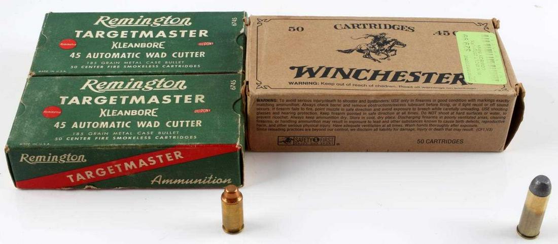 REMINGTON & WINCHESTER .45 AMMUNITION 120 ROUNDS: 2 full boxes(100 rounds) of Remington Targetmaster Kleanbore 45 automatic wad cutter, 185 grain metal case ammo. 1 opened box(20 rounds) of Winchester Cowboy Action Loads 45 Colt 250 grain lead flat n