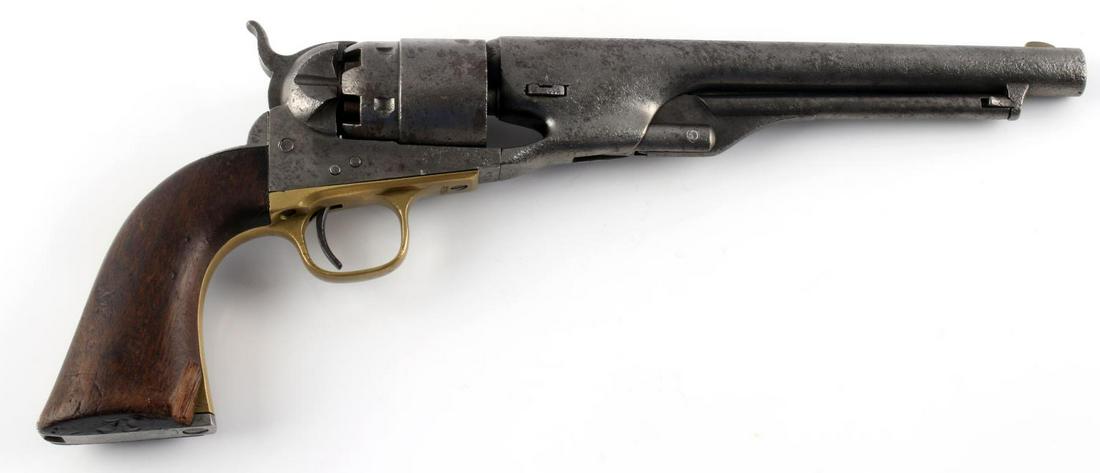 COLT MODEL 1860 ARMY CIVIL WAR 6 SHOT REVOLVER .44: 1862 manufacture. Nickel steel with pitting throughout, walnut grips, brass trigger guard, serial number marked four times to underside, one-line Colt address at top of 8 1/8 inch barrel, fair bore, s