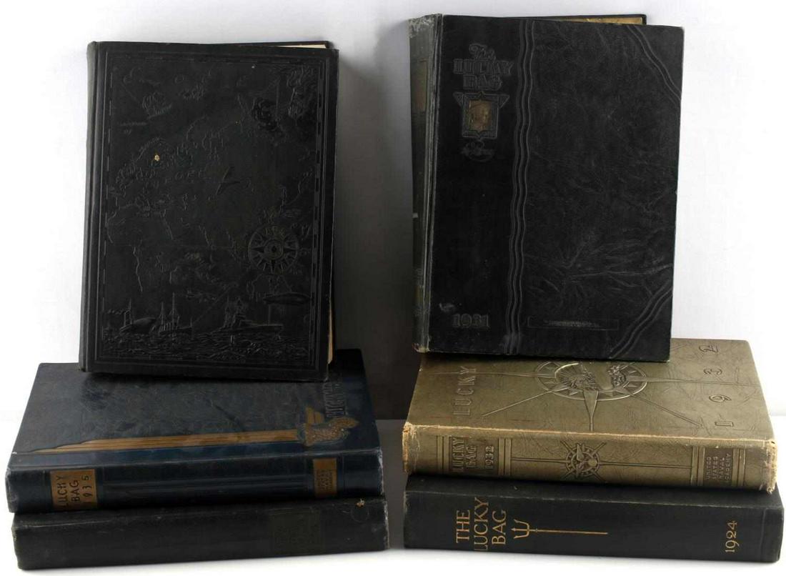 6 US NAVAL ACADEMY LUCKY BAG YEARBOOK 22 24 30 31: Lot includes 3 editions of the US Naval Academy's yearbook, "The Lucky Bag". Years 1922, 1924, 1930, 1931,1932 and 1935 are included. All in very good condition, light age wear present on cover and sp