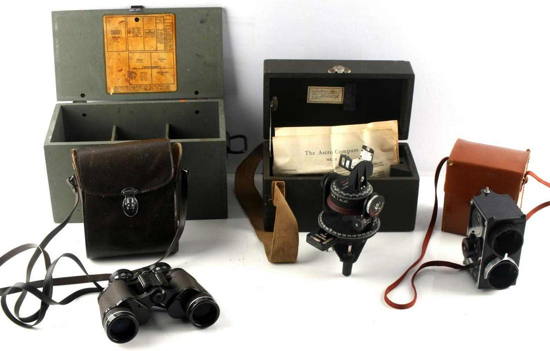 WWII ARMY AIR CORPS ASTROCOMPASS SURVEY RADIOGEAR: Lot includes 1 WWII US Army Air Corps Aircraft MKII Astro Compass with original box and paperwork, 1 pair of FastFocus binoculars, 1 Ru-19 spare parts radio box, and 1 Hopkins Hoppy Split Image Transi