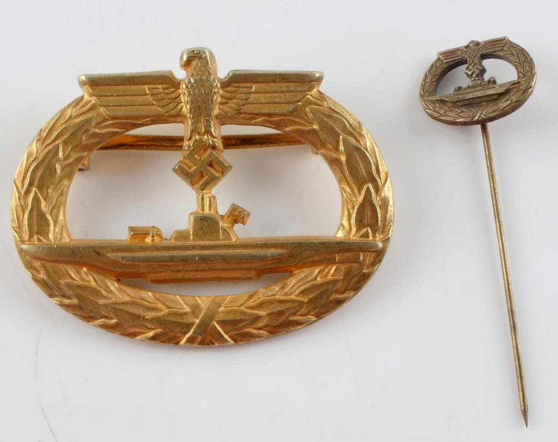 WWII GERMAN 800 SILVER U BOAT OFFICERS BADGE: WWII German Officer's 800 Silver U-Boat Badge complete with miniature. Fierce eagle and almost all gold gilding. Measures approximately 2 inches wide with a 180 degree pin lie. No maker but marked 800