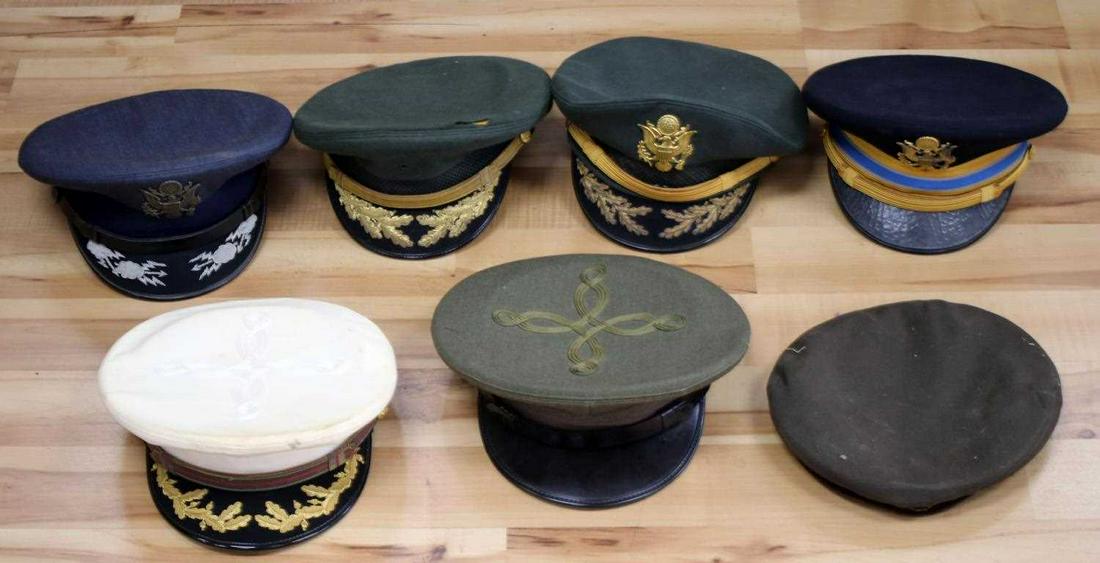 WWII VIETNAM OFFICER VISOR LOT USMC ARMY AIRFORCE: Dealers lot 7 visors all officers with about $3000.00 tagged retail, briefly described as follows, leather bill Air Corp crusher hat, small size 6 7/8, flattened, size 7 named USMC green visor no EGA 