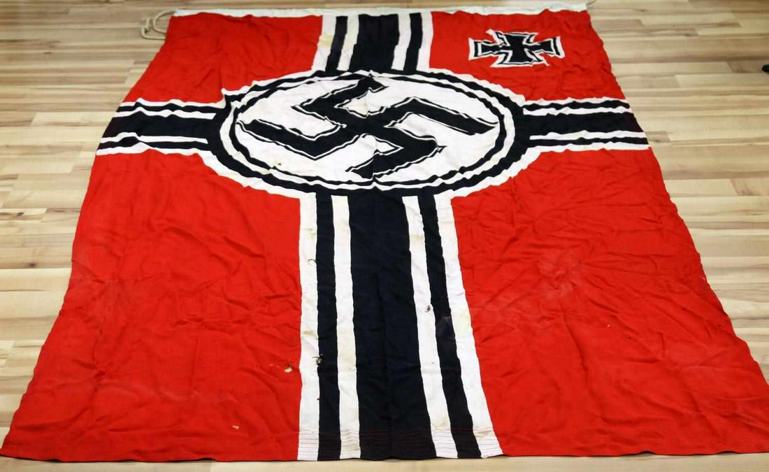 WWII GERMAN THIRD REICH LARGE BATTLE FLAG 59 X 98: Reichsadler stamped hoist, Witte K.G. maker stamped, great coloring, some small holes and light staining, overall very good original condition, 59 by 98 inches, does not fluoresce.
