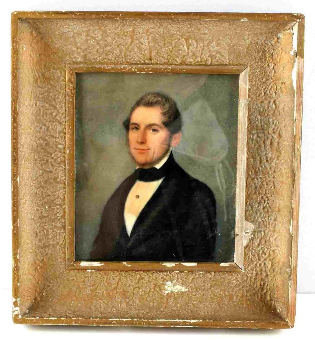 ANTIQUE WATERCOLOR PAINTING OF GENTLEMAN: Well executed small portrait of Victorian/Edwardian era gentleman. Image 5x6 inches, frame has some loss of finish and measures 9x8 inches. Unsigned.