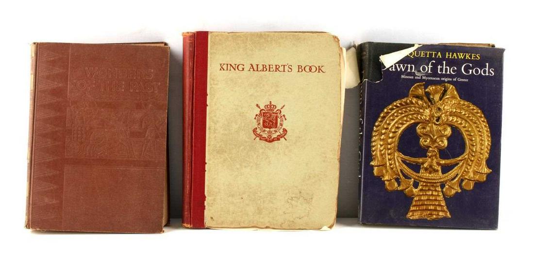 3 ANCIENT GREEK & EGYPT & ENGLAND PHOTO BOOK LOT: Lot includes three illustrated history books - (1) "Dawn of the Gods" by Jacquetta Hawkes, a book on Minoan and Mycenaean history (2) "King Albert's Book" a book on the history of King Albert of Engla