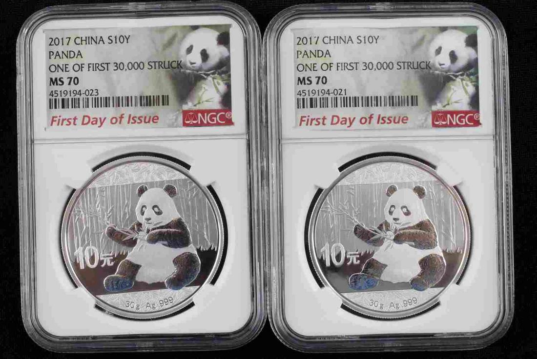 2 2017 CHINA 10 YEN SILVER PANDA NGC MS70: Each Mint State coin is NGC encapsulated.
