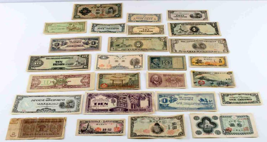 LOT OF WORLD BANK NOTES AXIS MONEY JAPAN GERMANY: Mostly Japanese, two Italian, and and one German bank notes. Axis money from WWII. 26 notes total. Various condition.
