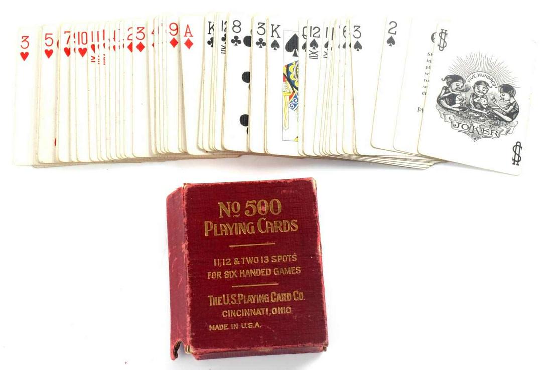 NO. 500 US PLAYING CARD DECK GOOD LUCK SWASTIKA: Complete card deck with one joker and one guarantee card, 11, 12 and two 13 spot cards for six handed games. Cards have a red back with good luck swastika design. In red leather wrapped case. Very goo