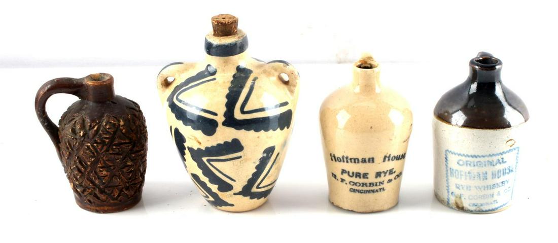 VINTAGE HOFFMAN MINI STONEWARE RYE BOTTLES: Lot includes 2 Original Hoffman Rye Bottles and 2 handcrafted bottles with unknown maker measuring 2-4 inches. Very good condition.