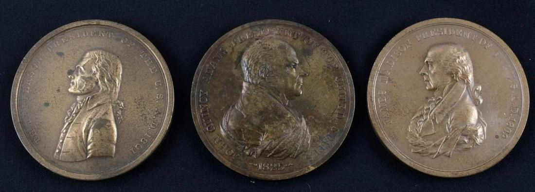 3 MADISON ADAMS JEFFERSON PEACE MEDALLIONS: Lot includes Thomas Jefferson, James Madison, and John Adams peace and friendship medal reproductions. No markings. In good condition, sold as is.