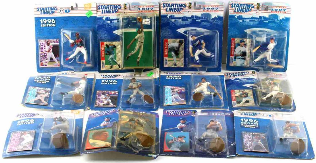LOT OF 12 STARTING LINEUP COLLECTOR ACTION FIGURES: This lot contains twelve (12) Starting Lineup Sports Superstar Collectibles ranging from 1996 to 1998. The players include: Garrett Anderson, Brian Hunter, Scott Brosius, Darin Erstad, Devon White, Da