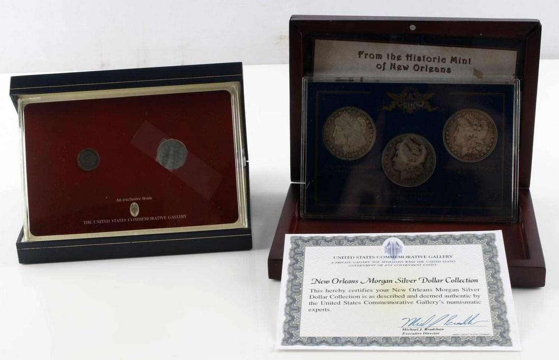 AMERICANA SERIES MORGAN DOLLAR COIN COLLECTOR LOT: Lot includes U.S. Commemorative Gallery New Orleans Morgan Silver Dollar Collection and Sitting Liberty Half Dime and Shield Nickel. Both in circulated condition. This lot has a reserve.