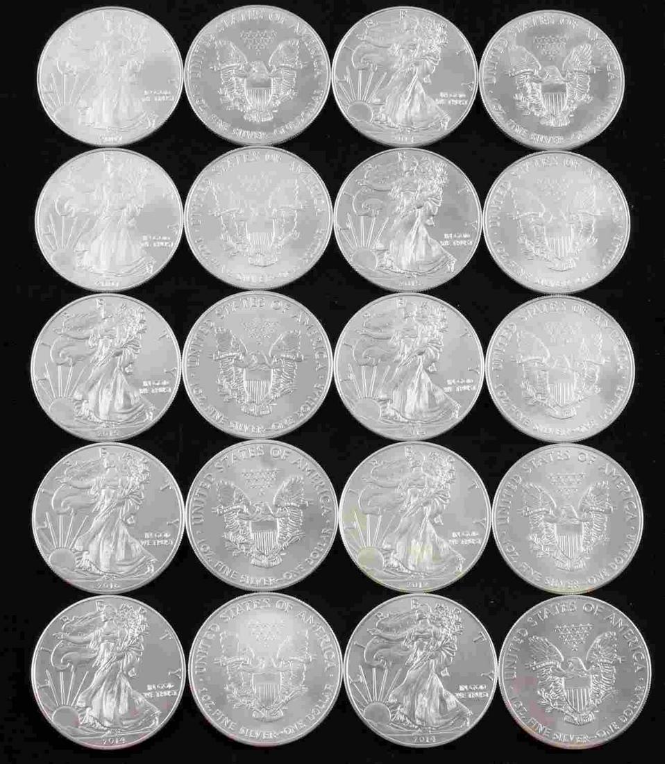LOT OF 20 AMERICAN SILVER EAGLE 1 OZ COINS: Lot of mixed dates silver coins. Brilliant uncirculated (BU). Electronically tested.