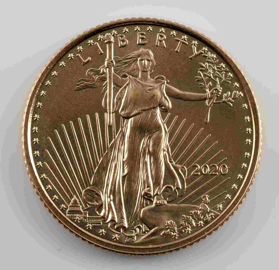 2020 GOLD AMERICAN EAGLE 1/10 OZT COIN BU: Brilliant uncirculated .999 fine coin
