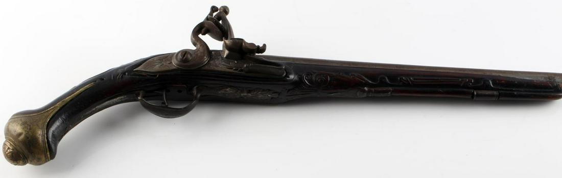 18TH CENTURY MEDITERRANEAN FLINTLOCK PISTOL: Mediterranean Turkey, Greek well crafted, ramrod seems to be integral part of the wood stock, mechanism partly works, left barrel has proof marks but they are mostly obscured by wood, very good origin