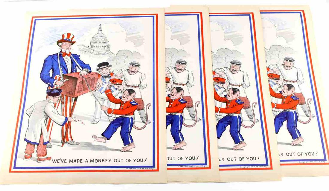 LOT OF 4 J.H. KING ORIGINAL WWII PROPAGANDA PRINTS: Four J.H. King WWII (Circa 1943) "We've Made a Monkey Out of You!" Original Prints. Depicts Uncle Sam with Hitler as an organ grinder monkey, John Bull from England, Stalin from Russia, and Chiang Kai