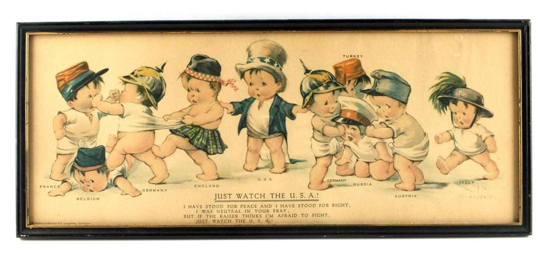 CHARLES TWELVETREES ANTIQUE WWI PROPAGANDA PRINT: This original WWI cartoon/propaganda print is the work of Charles Twelvetrees and dates from 1915. It is titled "Quit Your Fighting And Let's All Be Friends". It depicts each country in the conflict a