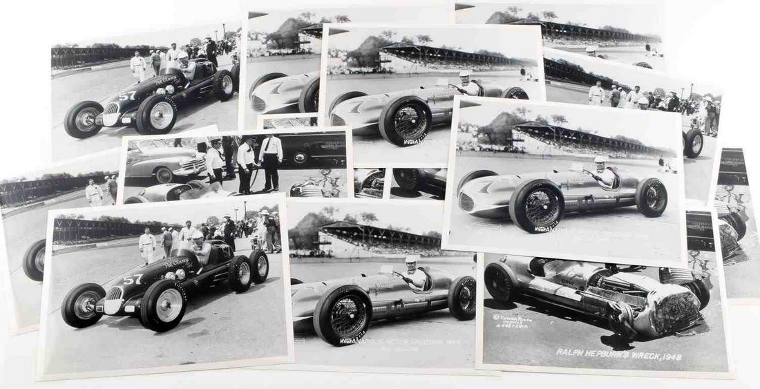 LOT OF 15 VINTAGE INDY RACECAR PHOTOGRAPHS: Lot of 15. Photographs included a Pat Clancy #57, a Ralph Hepburn crashed vehicle "Novi Grooved Piston," a Bill Holland #7, and more.