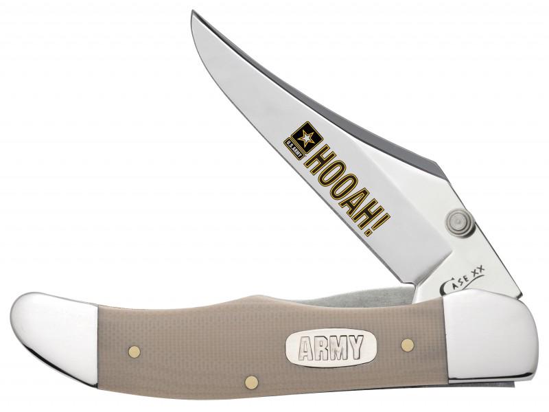 CASE KNIFE U.S. ARMY MID FOLDING HUNTER 15017: One-Hand Opening Clip Blade w/ Thumb Stud. Liner Lock. Pocket Clip 4 inches (10.2 cm) closed, 3.7 oz (104.9 grams). Collaboration with the U.S. Army. In honor of their relentless defense of justice an