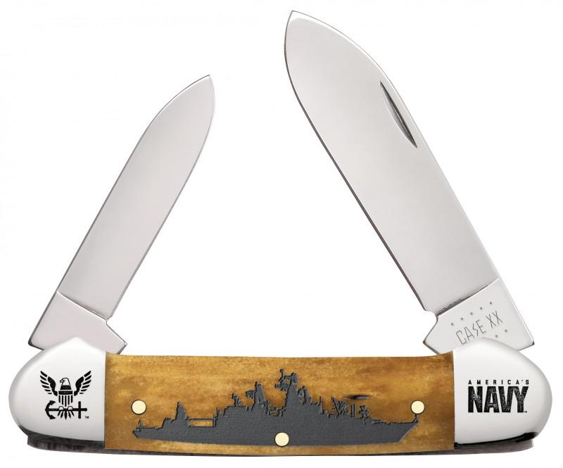 CASE UNITED STATES NAVY CANOE KNIFE 17720: Spear and Pen Blades. Embellished Smooth Antique Bone Handle. Embellished Bolsters. 3 and 5/8th inches (9.2 cm) closed, 2.9 oz (82.2 g). The United States Navy has upheld the sovereignty of the seas w