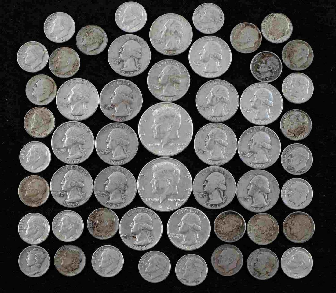 PRE 1964 AMERICAN 90% SILVER COIN LOT $8.70 FACE: Assorted mix of quarters, half dollars and Roosevelt dimes. All pre-1964, 90% silver coins.