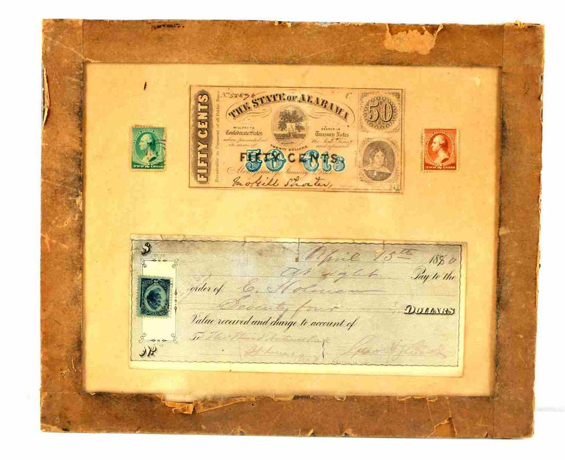 CONFEDERATE STATES ALABAMA FRACTIONAL & STAMPS: Under glass possibly glued, fractional and 1880 reciept and early stamps.