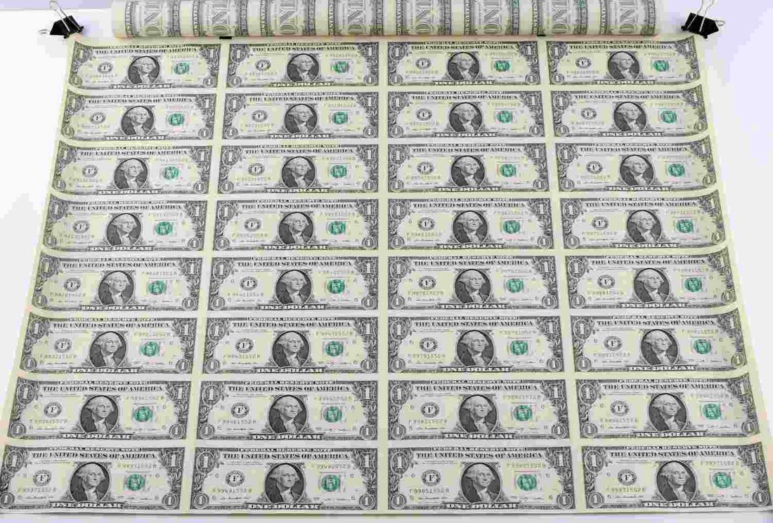 2 SEQUENTIAL UNCUT FEDERAL RESERVE DOLLAR SHEETS: Very good condition, rolled up dollar bills. Contains 32 in each panel, 64 altogether