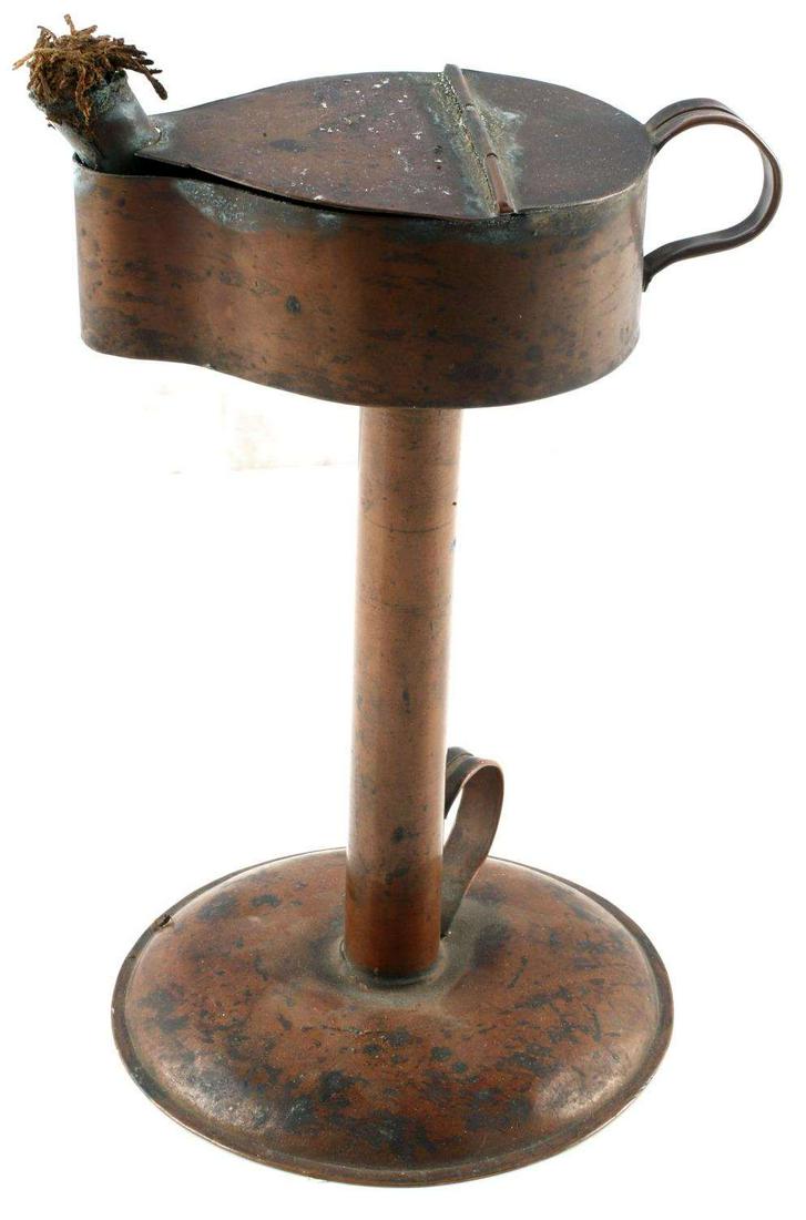 ANTIQUE 19TH CENTURY COPPER WHALE OIL LAMP: Still retains some wick. Very good original condition. Stands 8 1/2 inches.
