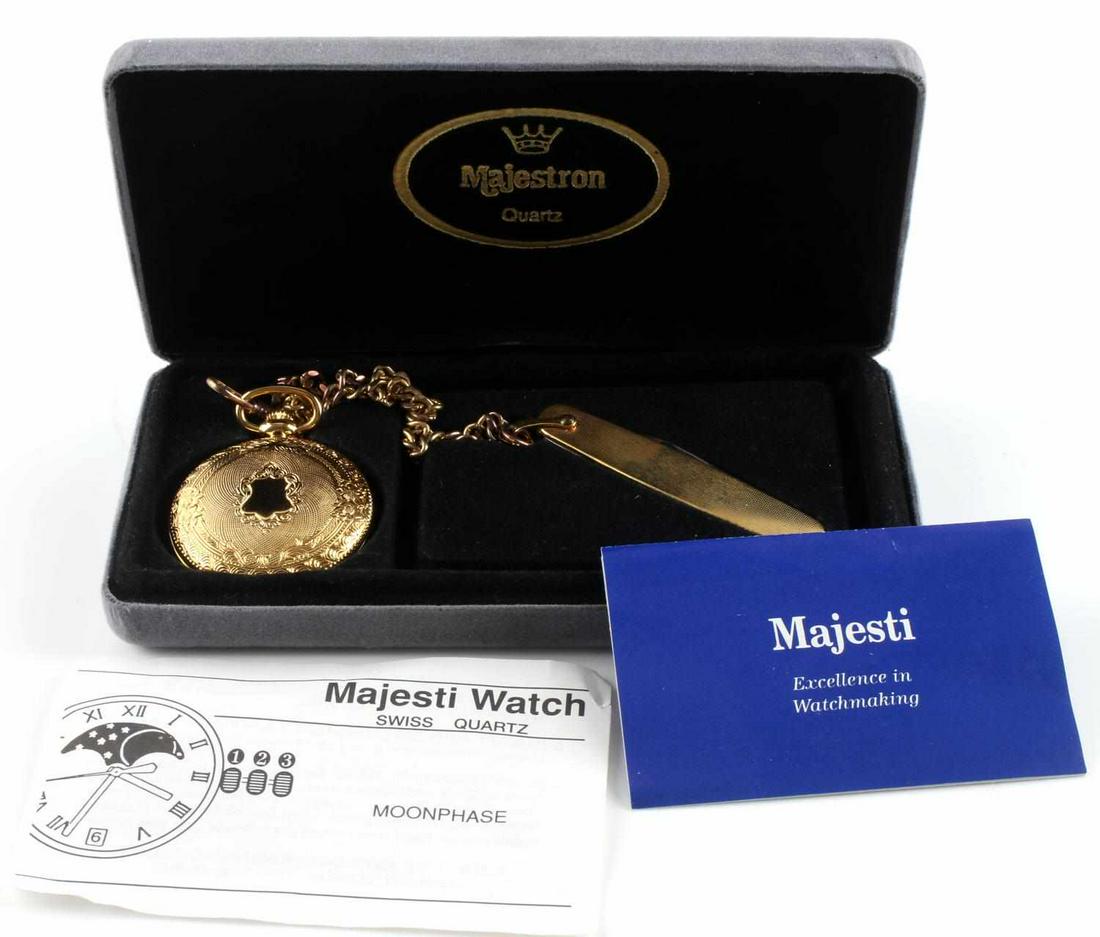NIB MAGESTI MOONPHASE POCKET WATCH & KNIFE: New in box with chain and pocket knife and papers, works fine.