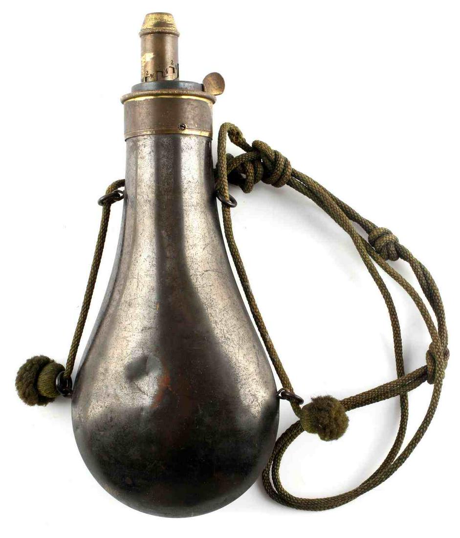 ANTIQUE CIVIL WAR COPPER BRASS POWDER MEASURE: Very good spring A. M. Flask Co. stamped pourer. Some denting, otherwise very good.