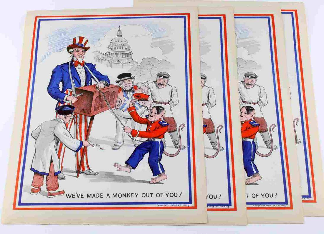 LOT OF 4 J.H. KING ORIGINAL WWII PROPAGANDA PRINTS: Four J.H. King WWII (Circa 1943) "We've Made a Monkey Out of You!" Original Prints. Depicts Uncle Sam with Hitler as an organ grinder monkey, John Bull from England, Stalin from Russia, and Chiang Kai