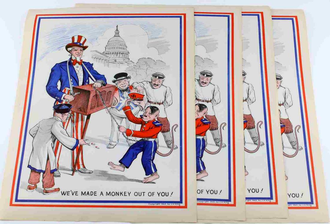 LOT OF 4 J.H. KING ORIGINAL WWII PROPAGANDA PRINTS: Four J.H. King WWII (Circa 1943) "We've Made a Monkey Out of You!" Original Prints. Depicts Uncle Sam with Hitler as an organ grinder monkey, John Bull from England, Stalin from Russia, and Chiang Kai