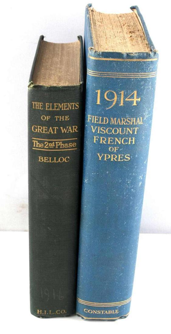 2 ANTIQUE ASSORTED WWI WAR FIRST EDITION BOOKS: Titles include: "The Elements of the Great War: The Second Phase", First Edition, Hilaire Belloc, 1916, Hearst's International Library Publishing. This book covers the Battle of Marne, which was an of