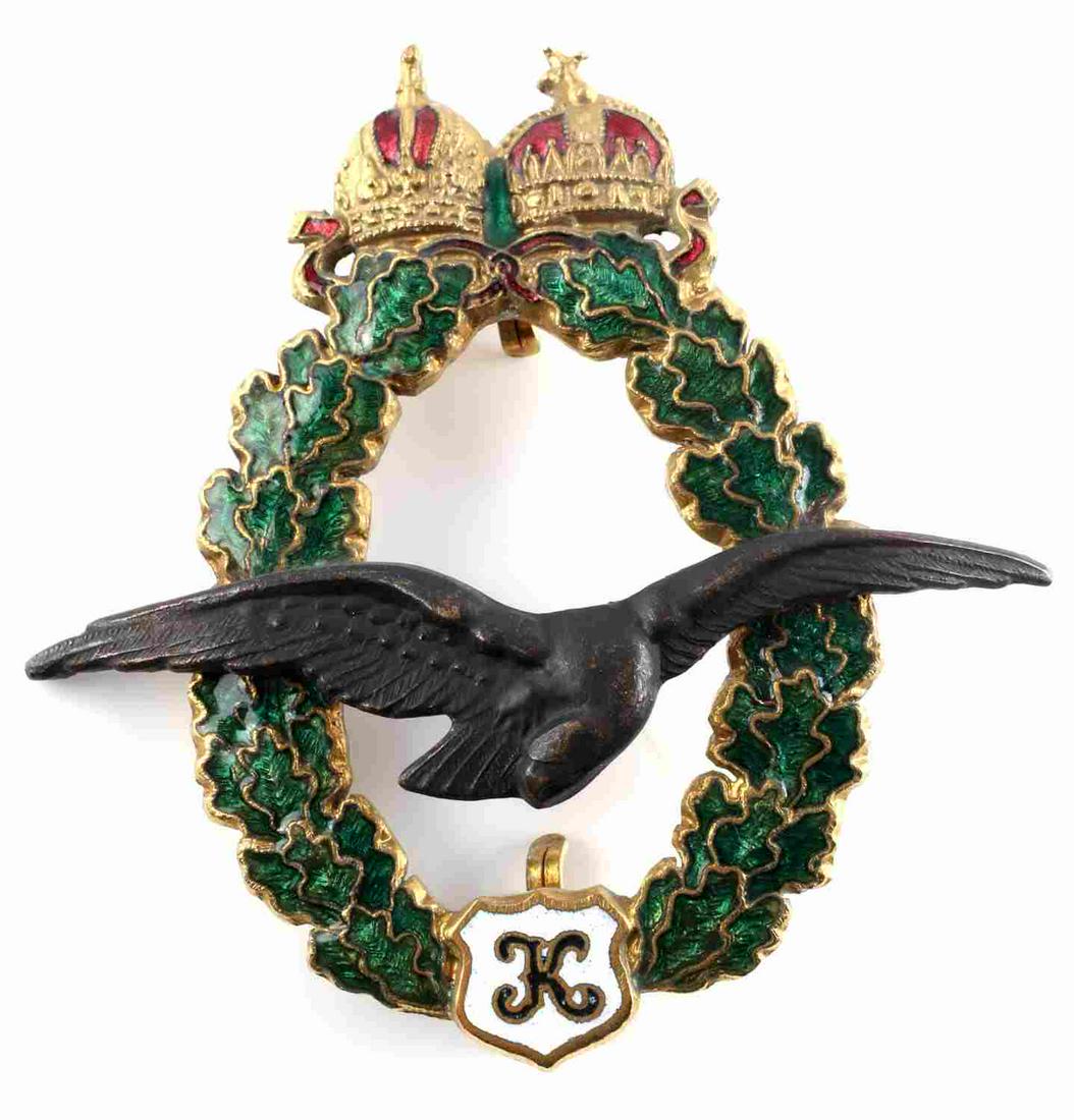 WWI 1917 AUSTRIAN KAISER KARL EMPIRE FLYING BADGE: 1917 WWI Austrian Second Model Kaiser Karl Flying badge. Austrian and Hungarian crowns on top with "K" in shield for Karl. Unauthenticated, sold as is. This lot has a reserve.
