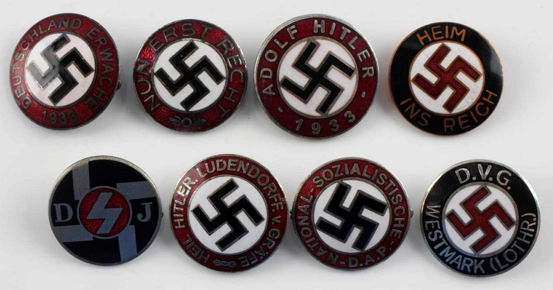GERMAN WWII ENAMELED PARTY LAPEL BADGE LOT: They measure 1” in diameter. Includes: Deutsches Jugend DJ; Heim Ins Reich; National Sozialistische DAP; DVG Westmark (Lothr); Nun Erst Recht; Deutschland Erwache 1933; Heil Hitler Ludendorff v Graf