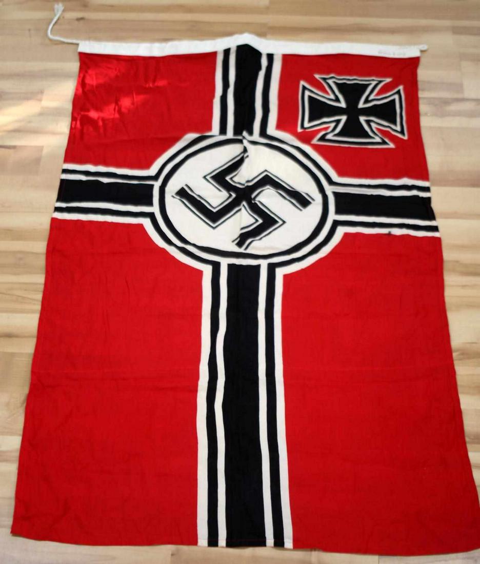 WWII GERMAN UNISSUED REICHKREIGS NAVY FLAG: WWII German Reichkreigs flag for Navy. Measures approx. 50 X 30 inches. Double sided. Eagle M stamp on hoist side. A few stains, but very good overall condition. Stitching on hoist fluoresces under bl