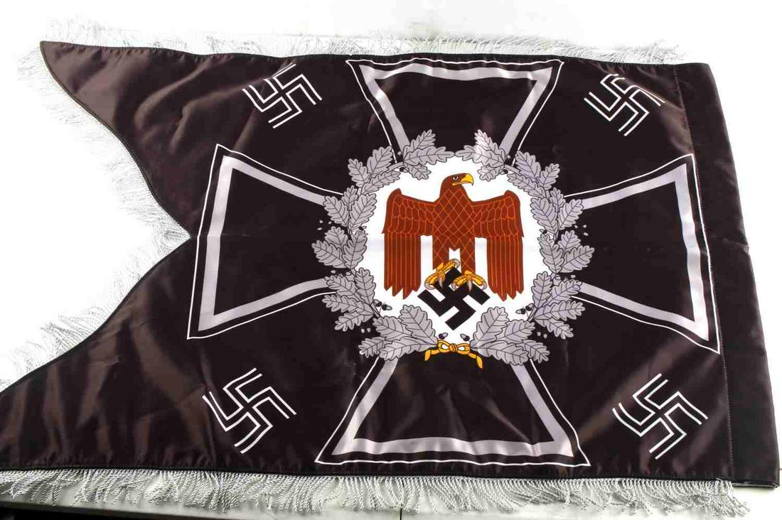 WWII GERMAN WEHRMACHT PIONEER REGIMENT FLAG: WWII German Wehrmacht Pioneer Regiment flag. Full size is 3 X 2 feet. Silver fringe on 3 sides. Very good homage piece. Unauthenticated. Sold "as is". This lot has a reserve.