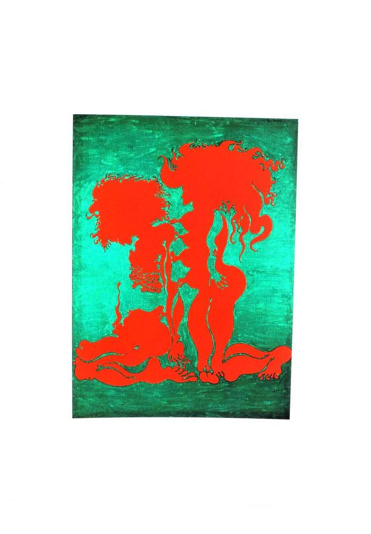 JAN DOBKOWSKI LITHO PRINT CONTESTATION SIGNED: Jan Dobkowski (Polish, born 1942). Human figures in red, over green background. Signed in pencil at LR, numbered 9/50 to LL. Page measures 19 X 13 inches. Very good condition. Reproduction piece.