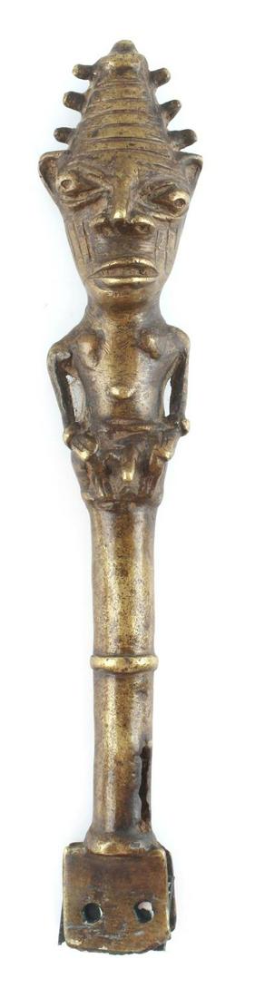 YORUBA OGBANI EDAN AFRICAN BRASS STAFF FIGURE: West African, Nigerian, Yoruba tribal staff top of Edan. Circa early 20th century. Length 10 inches.